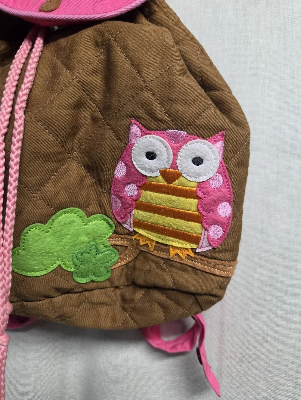 Kids Brown Quilted Backpack with Pink Accents and Owl Appliqué